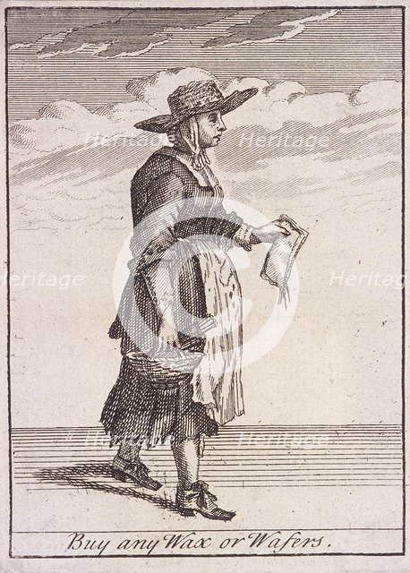 A wax and wafer seller, Cries of London, (c1688?). Artist: Anon