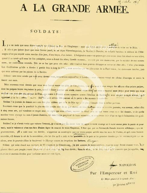 Proclamation to the army, 13 October 1805, (1921). Creator: Unknown.