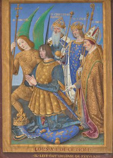 Louis XII Kneeling in Prayer Accompanied by Saint Michael, Saint Charlemagne..., 1498/1499. Creator: Jean Bourdichon.