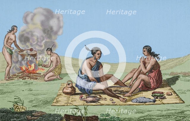 Food and meal preparation, Seminoles Indians, Florida, 16th century French expedition, (1837) (1850) Creator: Unknown.