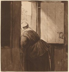 Woman Leaning over a Lower Door, 1761, published 1765. Creator: Cornelis Ploos van Amstel.