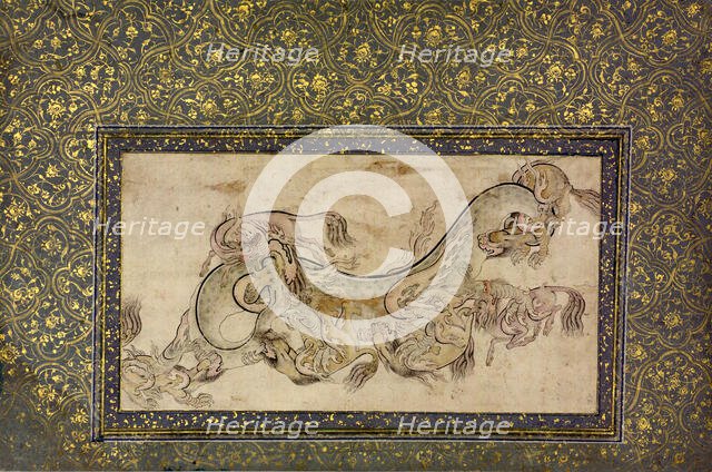 Chilins (Chinese Chimerical Creatures) Fighting with a Dragon, 16th century. Creator: Unknown.