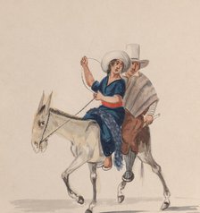 An Indian man and woman riding a donkey, from a group of drawings depicting Peruvian..., ca. 1848. Creator: Attributed to Francisco (Pancho) Fierro.