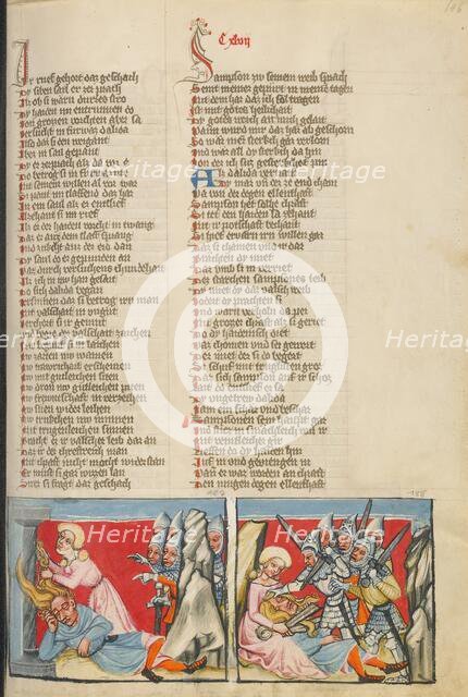 Delilah Tying Samson's Hair to a Column: Delilah Cutting Samson's Hair, about 1400-1410. Creator: Unknown.