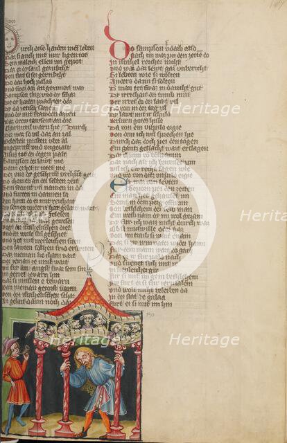 Samson Pulling Down the Pillars of the Palace; Weltchronik, about 1400-1410. Creator: Unknown.