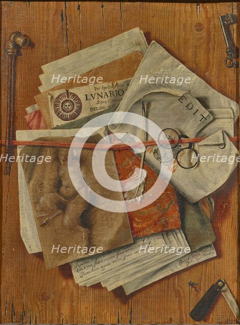 Trompe-l'oeil with papers, knife and pipe. Creator: Bordoni, Egidio Maria (active 1695-1723).