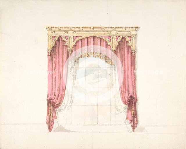 Design for Red Curtains with Gold Fringes and a Gold Gothic Pediment, early 19th century. Creator: Anon.