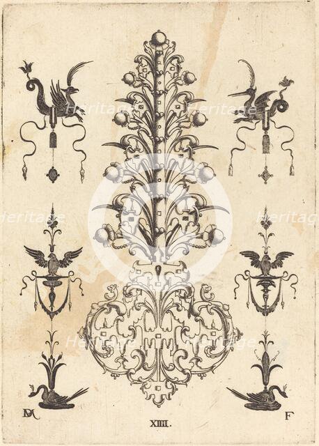 Hyacinth-Shaped Brooch with Winged Animals at Top and Crouching Swans at Bottom, 1596. Creator: Daniel Mignot.