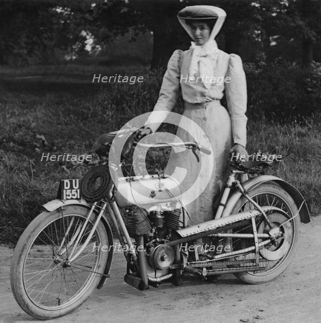 1906 Rex with motorcyclist Muriel Hind. Creator: Unknown.