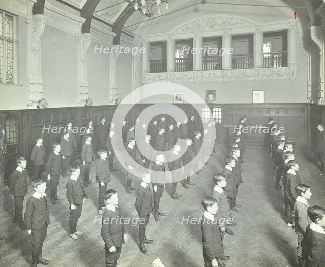 Boys lined up in the assembly hall, Beaufoy Institute, London, 1911. Artist: Unknown.