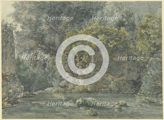 Landscape with trees and a ruined building by a stream, 18th century. Creator: Unknown.