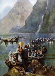A wedding procession on boats, Norway. Artist: Unknown