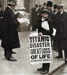 Newspaper boy with news of the Titanic disaster, 14 April 1912. Artist: Unknown