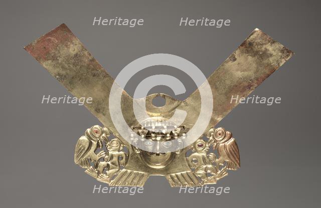 Nose Ornament with Human Head and Condors Attacking Humans, c. 100-300. Creator: Unknown.