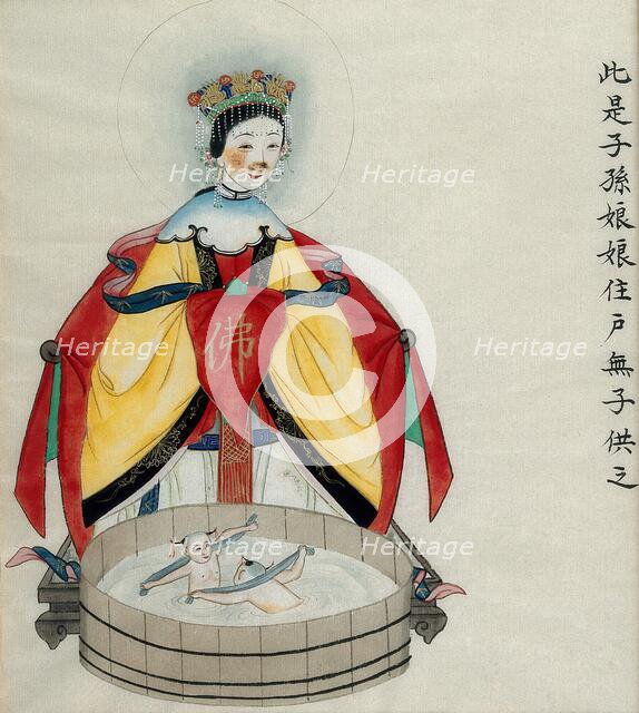 Zi Sunliang, a Chinese goddess, with two babies (?) bathing in front of her, 1800-1899. Creator: Unknown.