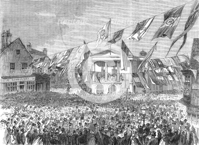 Garibaldi in England: Garibaldi in the balcony of the townhall of Newport, Isle of Wight, 1864. Creator: Unknown.