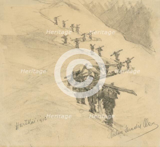 Transportation of boards and exchange of battle groups, 1916. Creator: Elemír Halász-Hradil.