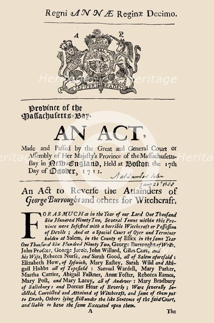 Regni Annae Reginae decimo. The 1711 act of the Massachusetts legislature to reverse the..., 1711. Creator: Historic Object.