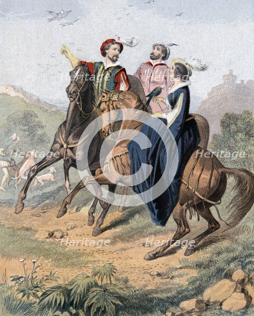 Tudor falconry, mid 19th century. Artist: Unknown