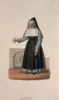 A nun in her habit carrying medicine and her Bible, with her hospital behind her. Creator: Unknown.
