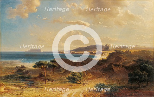 Beach at Estepona with a View of the Rock of Gibraltar. Artist: Bamberger, Fritz (Friedrich) (1814-1873)
