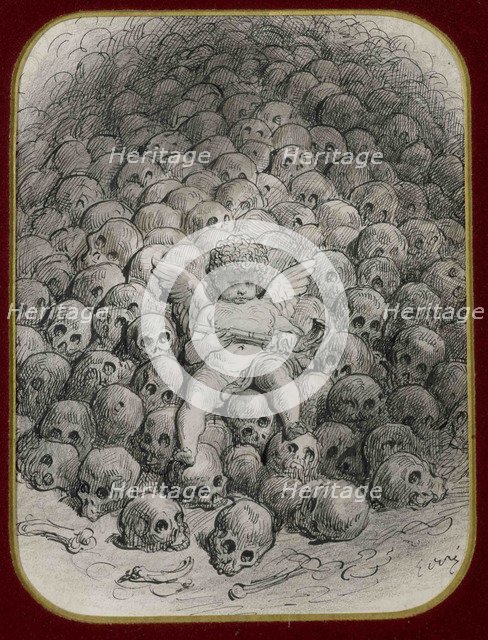 Cupid with a Pistol on Top of a Mountain of Skull.