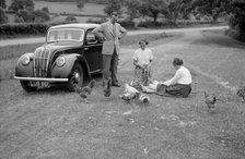 A family group feed chickens beside their car, c1945-c1965. Artist: SW Rawlings