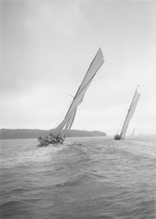 The racing cutters 'Rosamond' and 'Creole' sailing close-hauled, 1911. Creator: Kirk & Sons of Cowes.