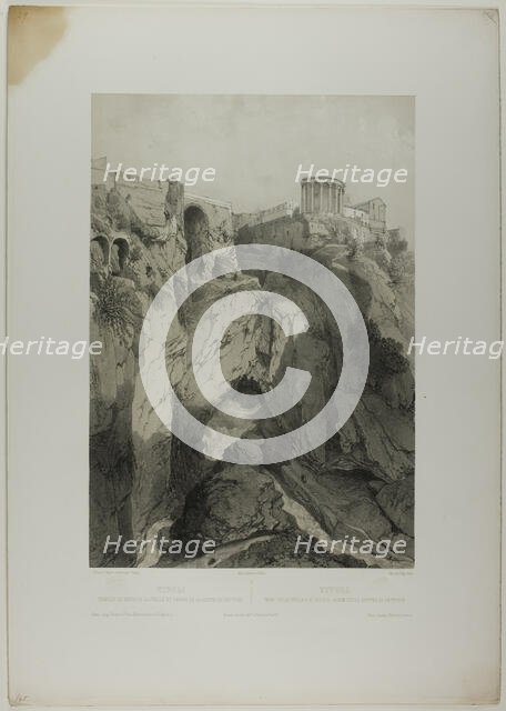 Tivoli: The Temples of Vesta and the Sibyl, and Ruins of the Grotto of Neptune, plate..., c. 1848. Creators: Eugene Ciceri, Nicolas-Marie-Joseph Chapuy.