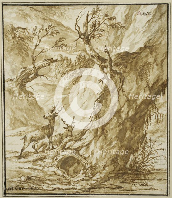 Landscape with two deer by a large tree trunk. Creator: Michiel Carree.