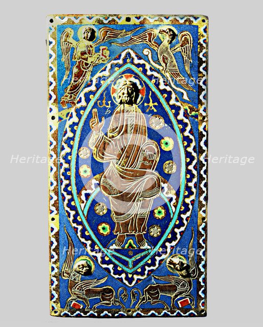 Plate with the figure of Christ in Majesty and the signs of the four evangelists, made with Limog…