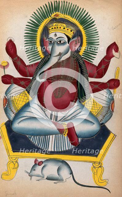 Ganesha enthroned holding his symbols with his rat. Creator: Unknown.