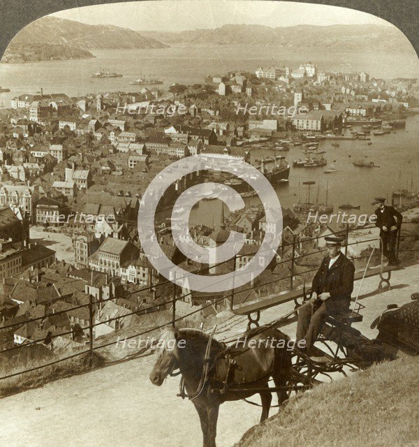 'Bergen, west from the Floifjeld, over the harbor (right) and Puddefjord (distant), Norway', c1905. Creator: Unknown.