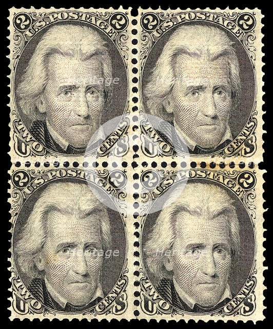 2c Andrew Jackson F Grill block of four, 1868. Creator: Unknown.