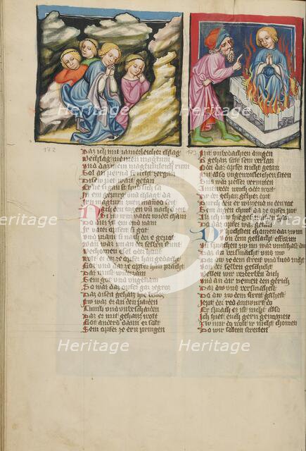 Jephtha's Daughter and Her Maidens in the Mountains: Jephtha Sacrificing His..., about 1400-1410. Creator: Unknown.