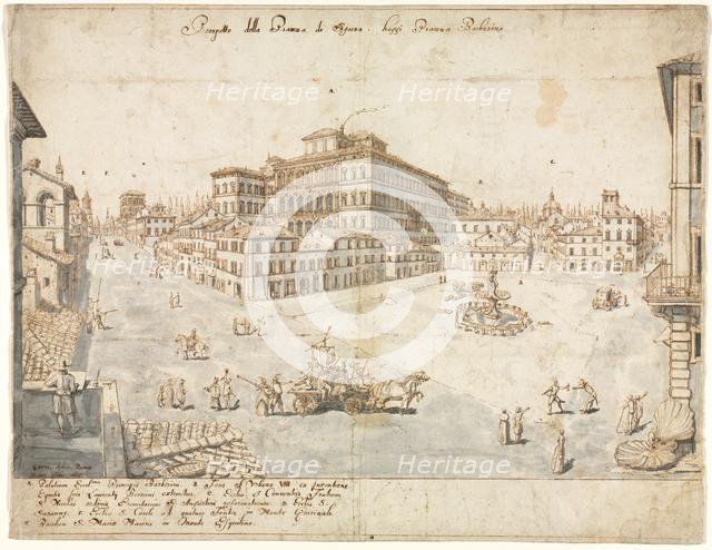Eighteen Views of Rome: The Piazza Barberini (recto)..., 1665. Creator: Lievin Cruyl (Flemish, c. 1640-c. 1720).