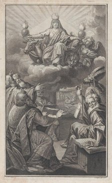 Allegorical figure appearing on clouds overhead while a group of men gathered below look u..., 1728. Creator: Claude-Augustin Duflos.