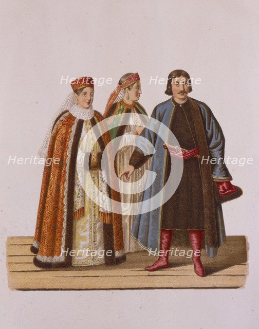 Clothing of the unmarried Boyar's daughters at the Time of Peter I (From the series Clothing of the  Artist: Solntsev, Fyodor Grigoryevich (1801-1892)