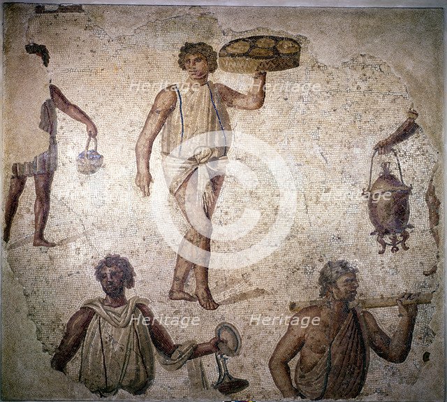 Servants or slaves making preparations for a feast, mosaic, Carthage, 2nd century. Artist: Unknown