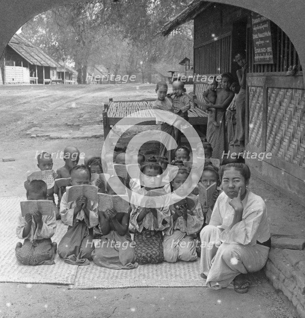 Village school and teacher, Amarapura, Burma, 1908. Artist: Stereo Travel Co