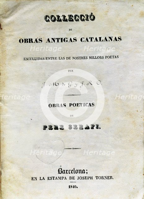 Cover of the book 'Poetic Works (Book first of loves)' by Pere Serafí, printed in Barcelona in 18…