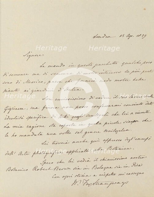 Manuscript Letter from William-Fox Strangways to Antonio Bertoloni, 1839. Creator: William Thomas Horner Fox-Strangways.