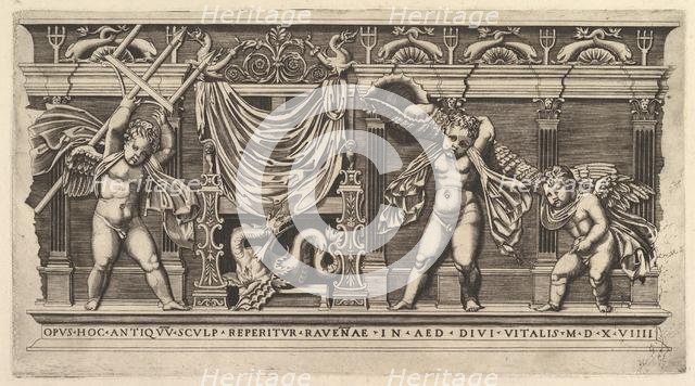 Speculum Romanae Magnificentiae: Bas-Relief with Three Cupids, 1519. Creator: Marco Dente.