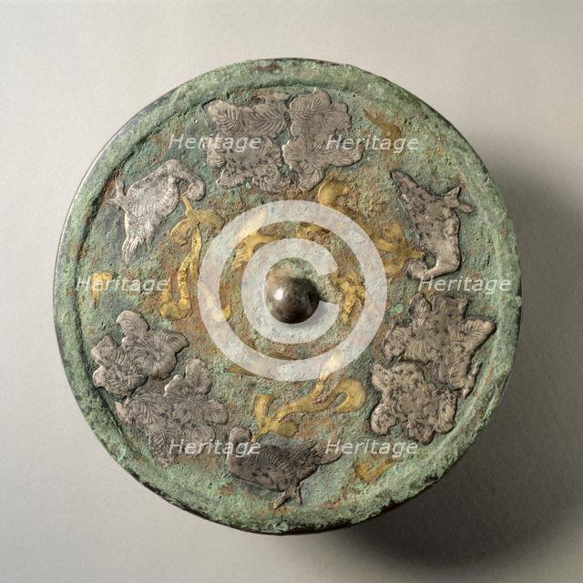 Mirror with Flowers and Birds in Gold and Silver Cutouts over a Lacquer Base, mid 8th century. Creator: Unknown.