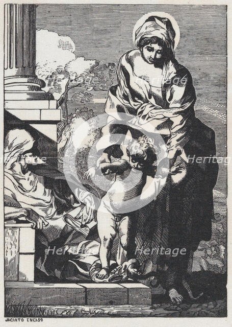 The Madonna helping baby Jesus take his first steps while Elizabeth reclines, ca. 1800-1899. Creator: Anon.