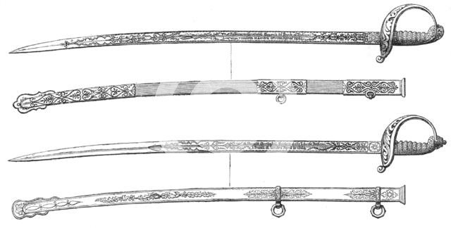 Swords presented to Garibaldi and his son Menotti at the Crystal Palace, 1864. Creator: Unknown.