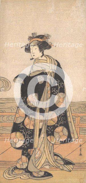 Yoshizawa Iroha as a Woman Standing on the Engawa of a House by a River, ca. 1778. Creator: Shunsho.