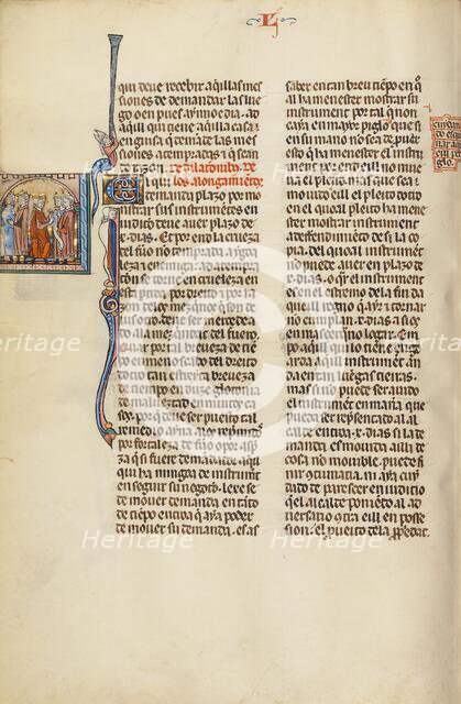 Initial E: An Attorney with Clients before a Judge; Vidal Mayor, about 1290-1310. Creator: Unknown.