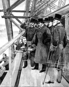 The Prince of Wales driving in the last rivet of the Forth Bridge, 1890. Creator: Unknown.
