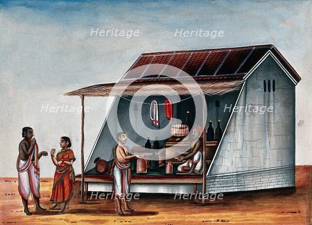 A man at a arrack (a strong alcoholic drink) shop, whilst a couple..., (between 1800 and 1899?). Creator: Unknown.